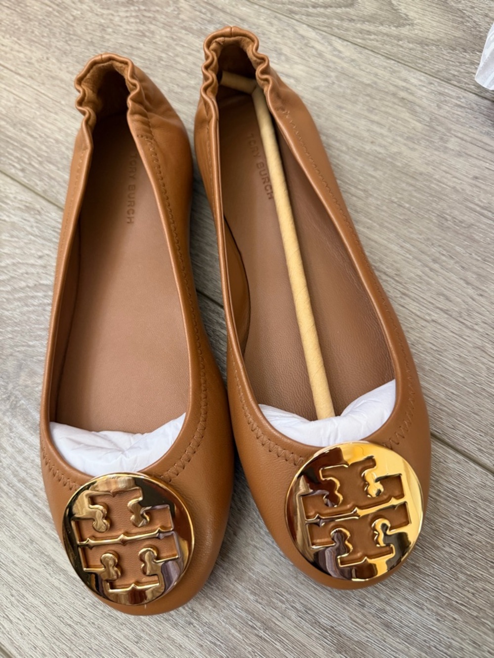 Tory Burch Cognac Leather Ballet Flats with Gold Logo Medallion